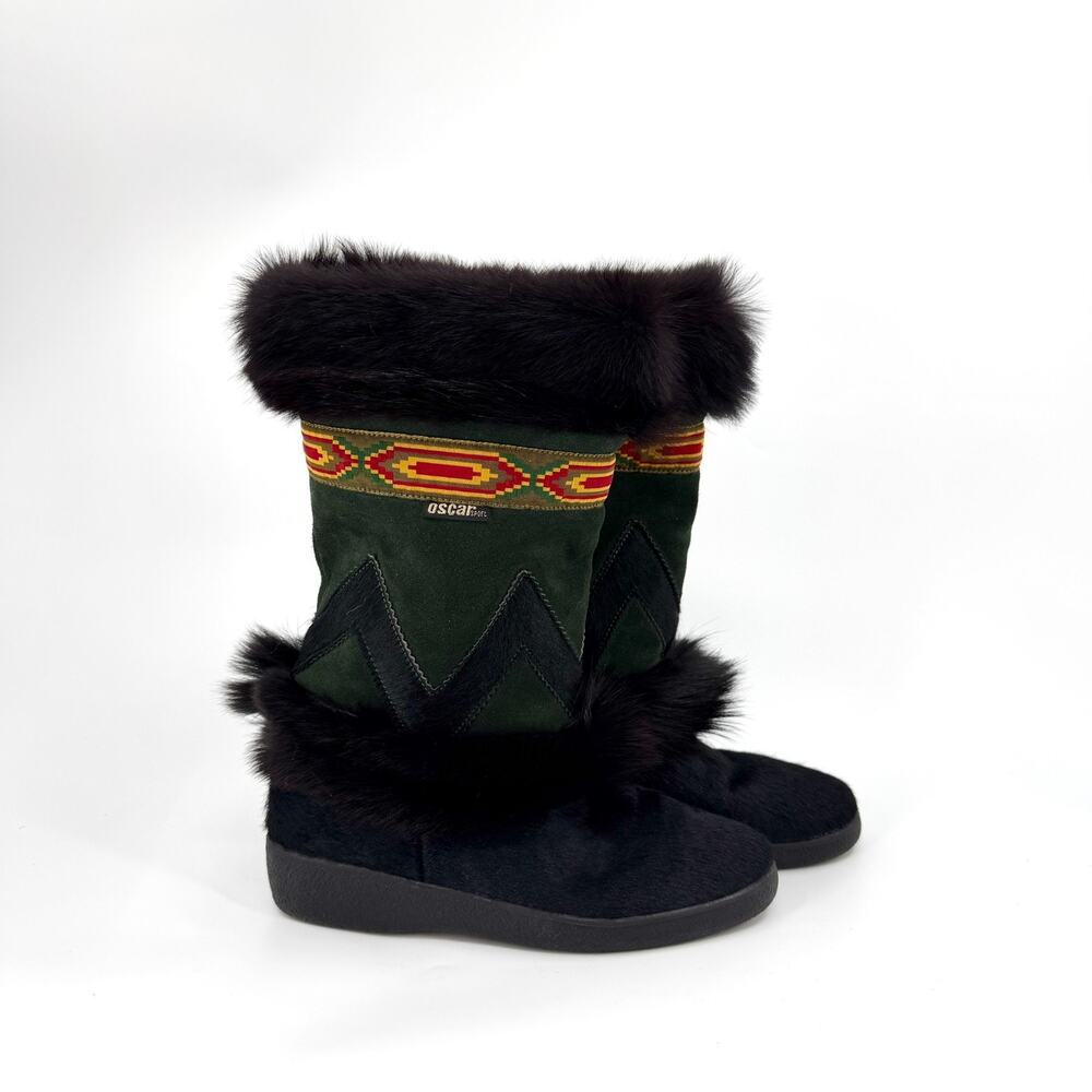 Vintage 90s Oscar Sport Green Suede Fur Trim Mukluk Boots